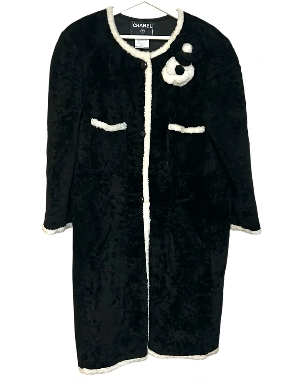Chanel 48 shearling button coat camellia fur‎ brooches RARE VINTAGE A03